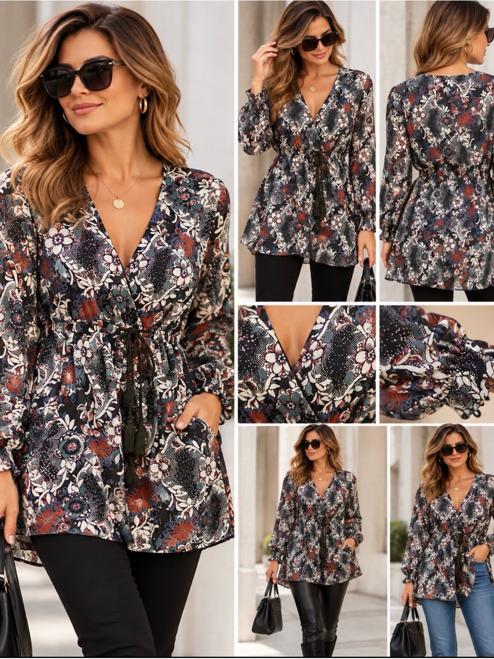 Free People Black Floral V-Neck Tie-Waist Tunic with Rust & Cream Accents